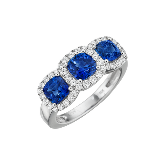 Spark Creations White 18 Karat 3 Stone Sapphire Halo Ring
