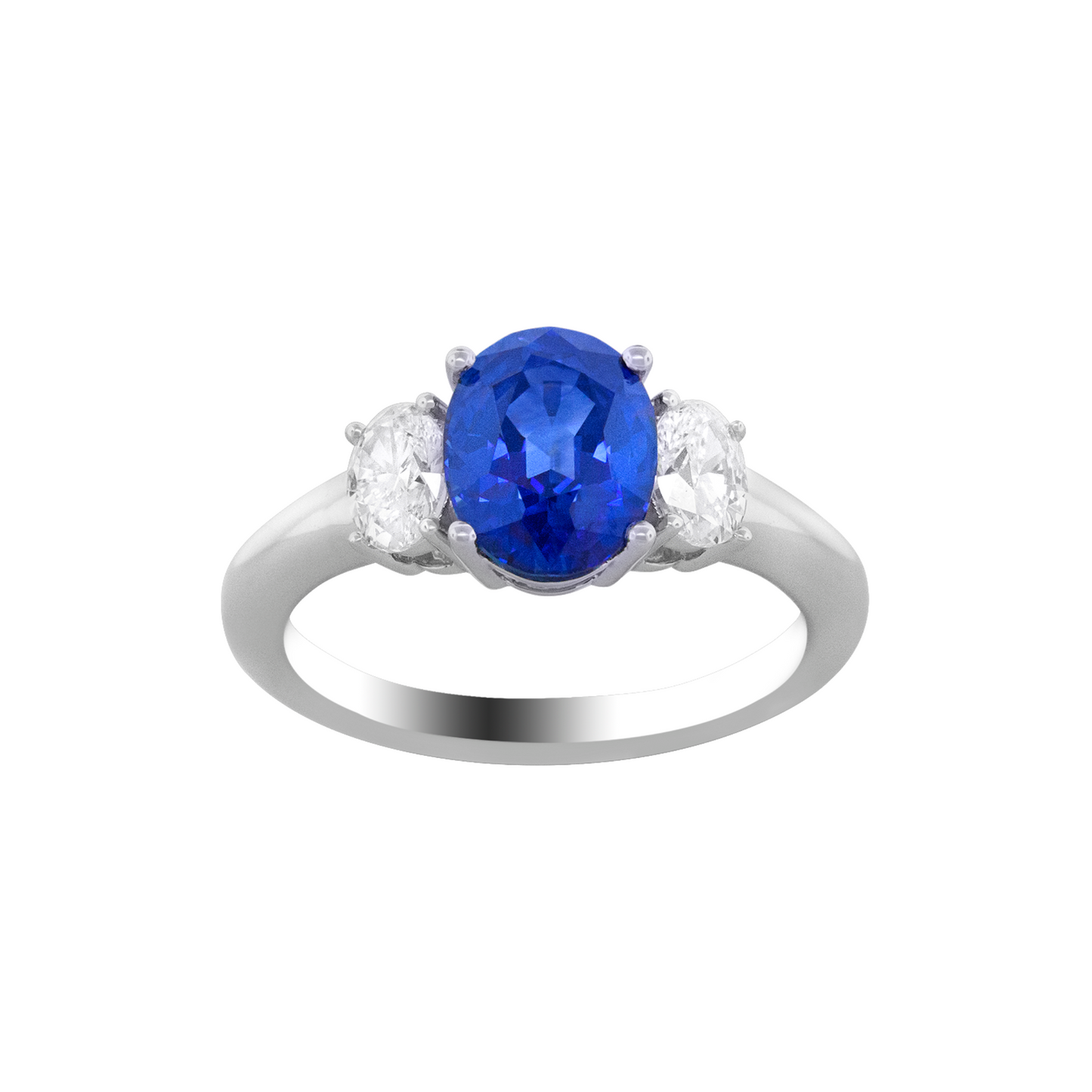 Three stone sapphire and diamond 18k white gold ring