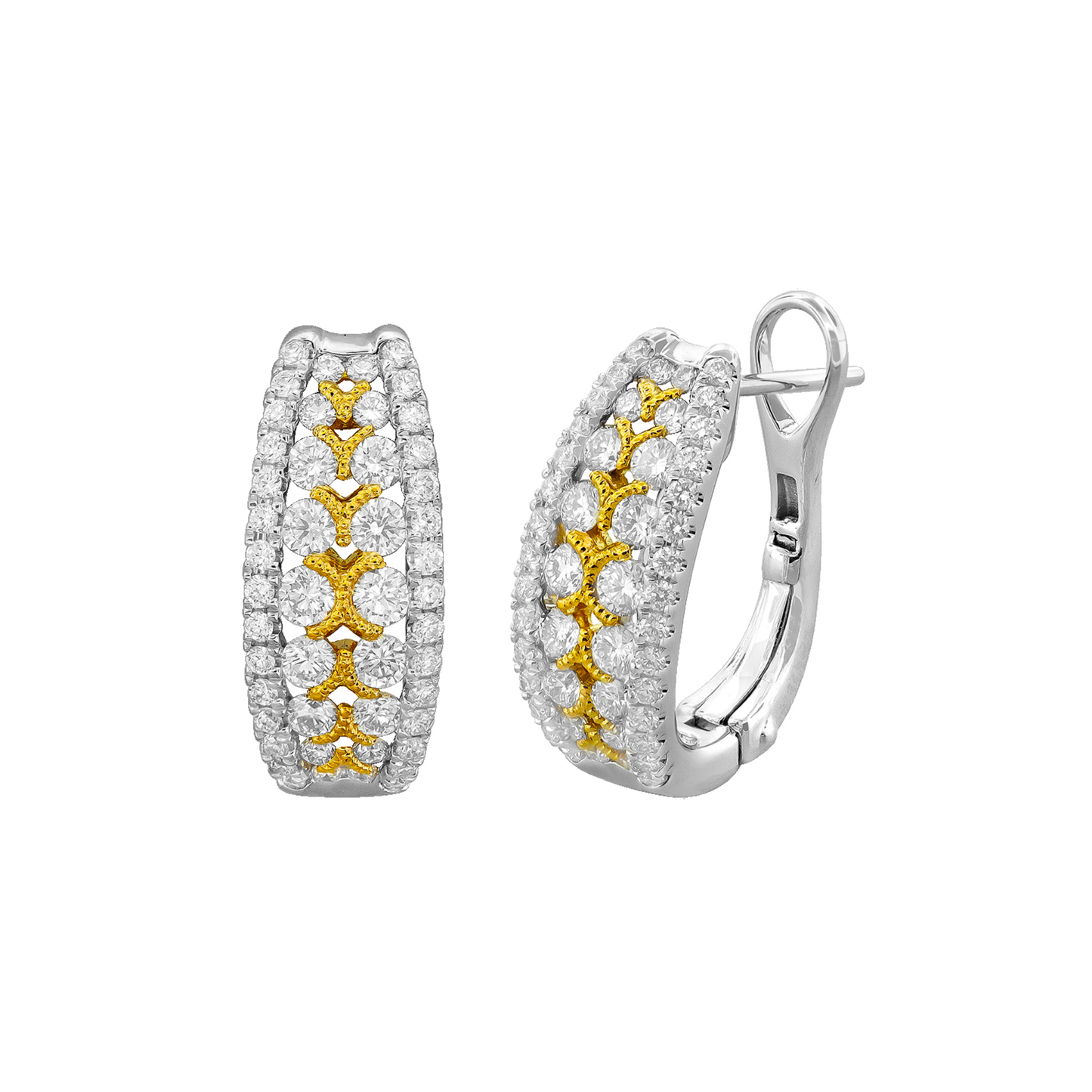 Two tone 18k gold diamond hoops