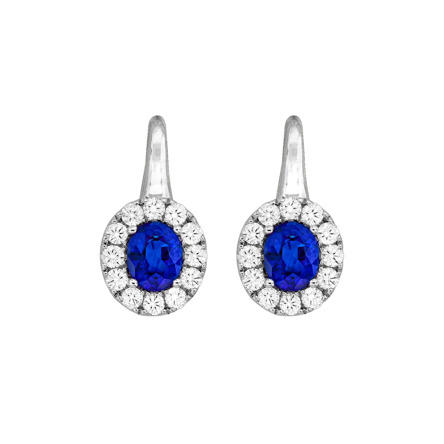 Sapphire and diamond halo drop earrings in 18k white gold