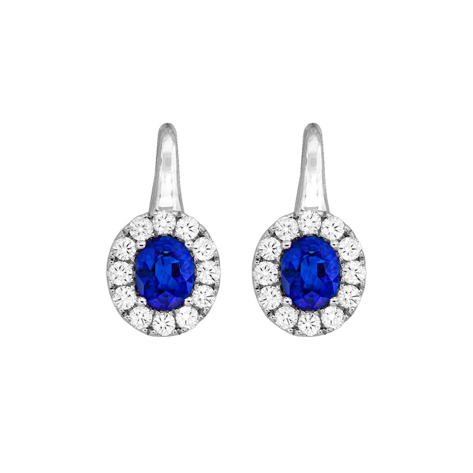 Sapphire and diamond halo drop earrings in 18k white gold