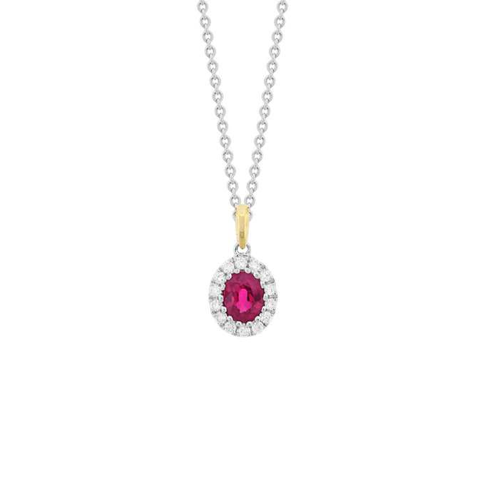 Two tone ruby and diamond 18k gold halo pendant