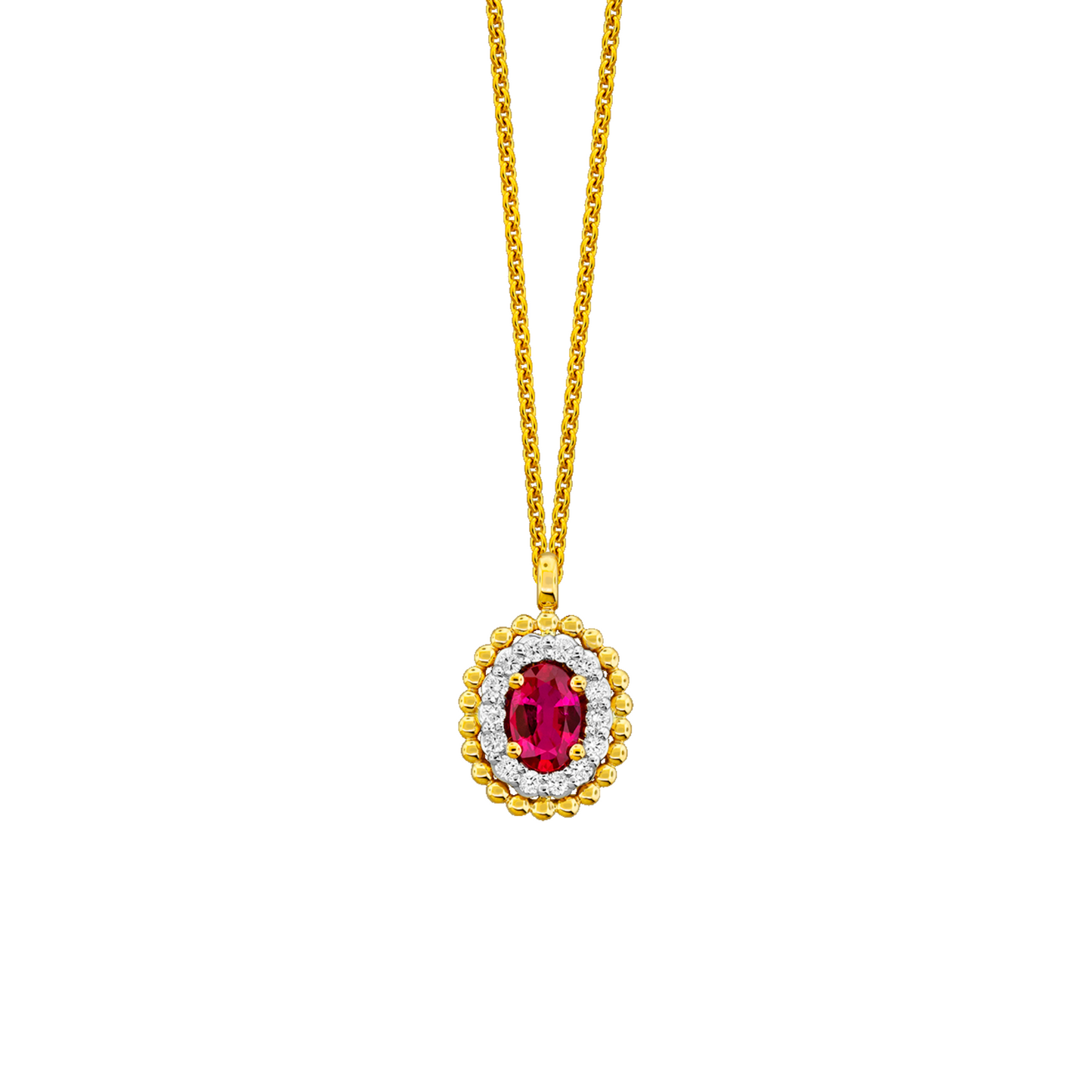 Ruby and diamond halo pendant in 18k yellow gold
