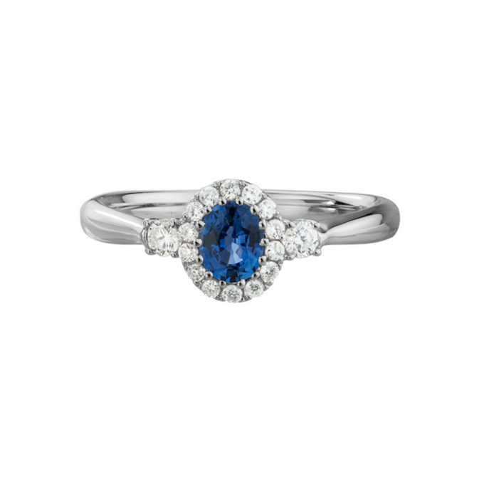 Sapphire and diamond halo ring in 14k white gold