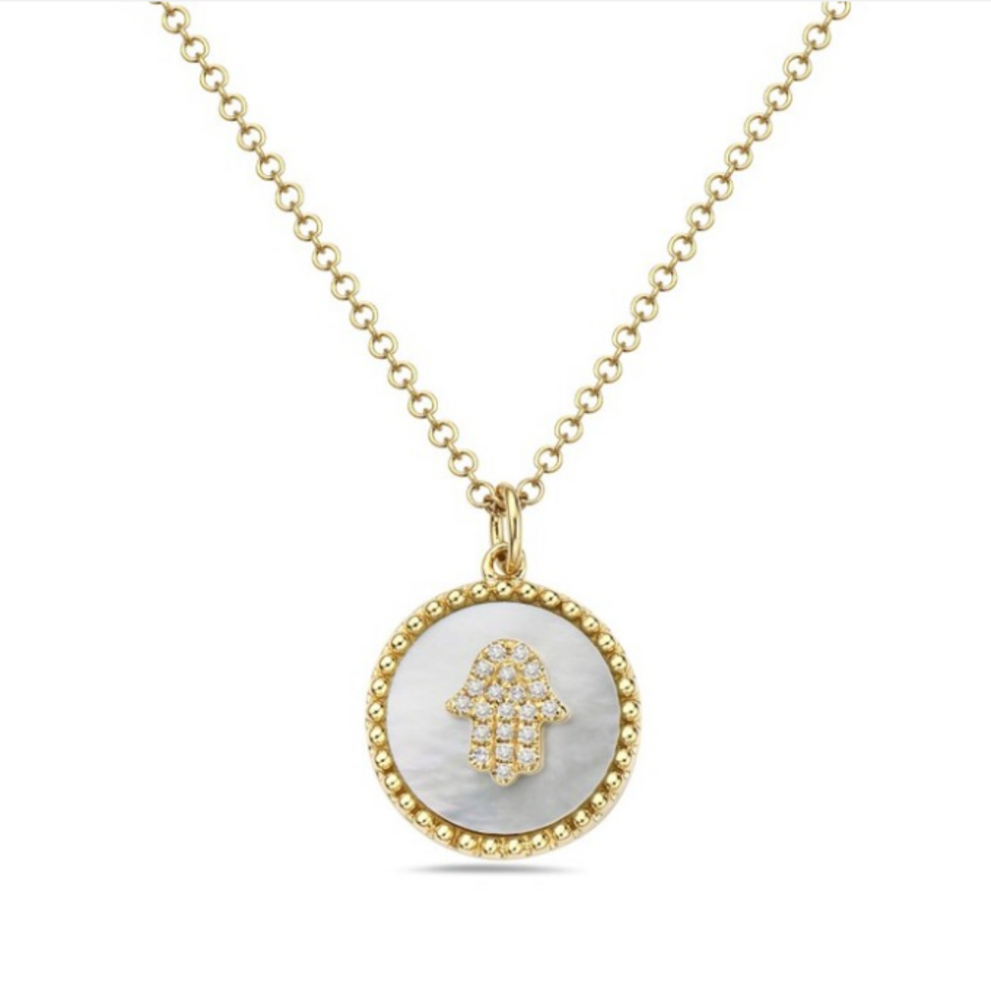14 Karat Yellow Gold Mother of Pearl And Diamond Hamsa Necklace 0.04ctw