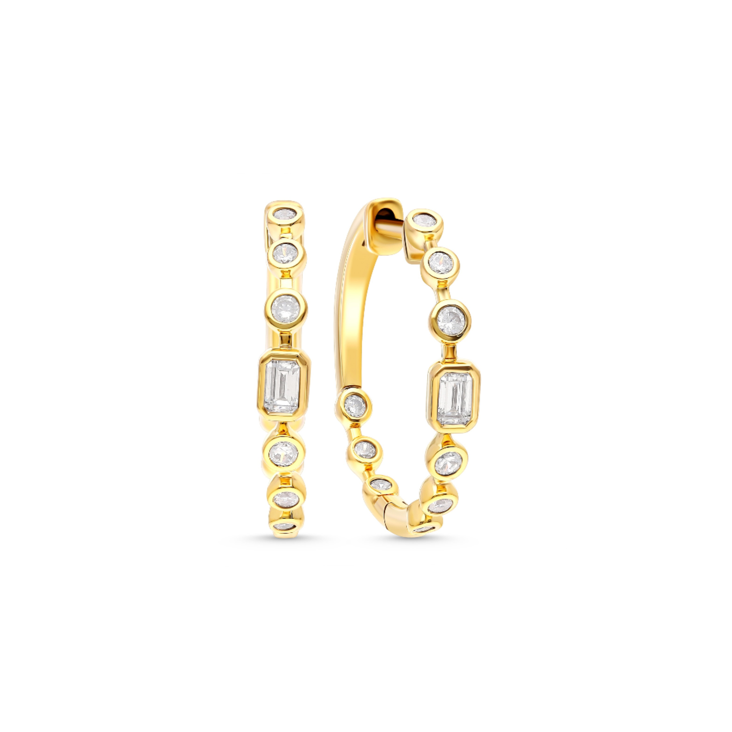 14 Karat Yellow Gold Bezel Set Inside/Outside Diamond Hoop Earrings