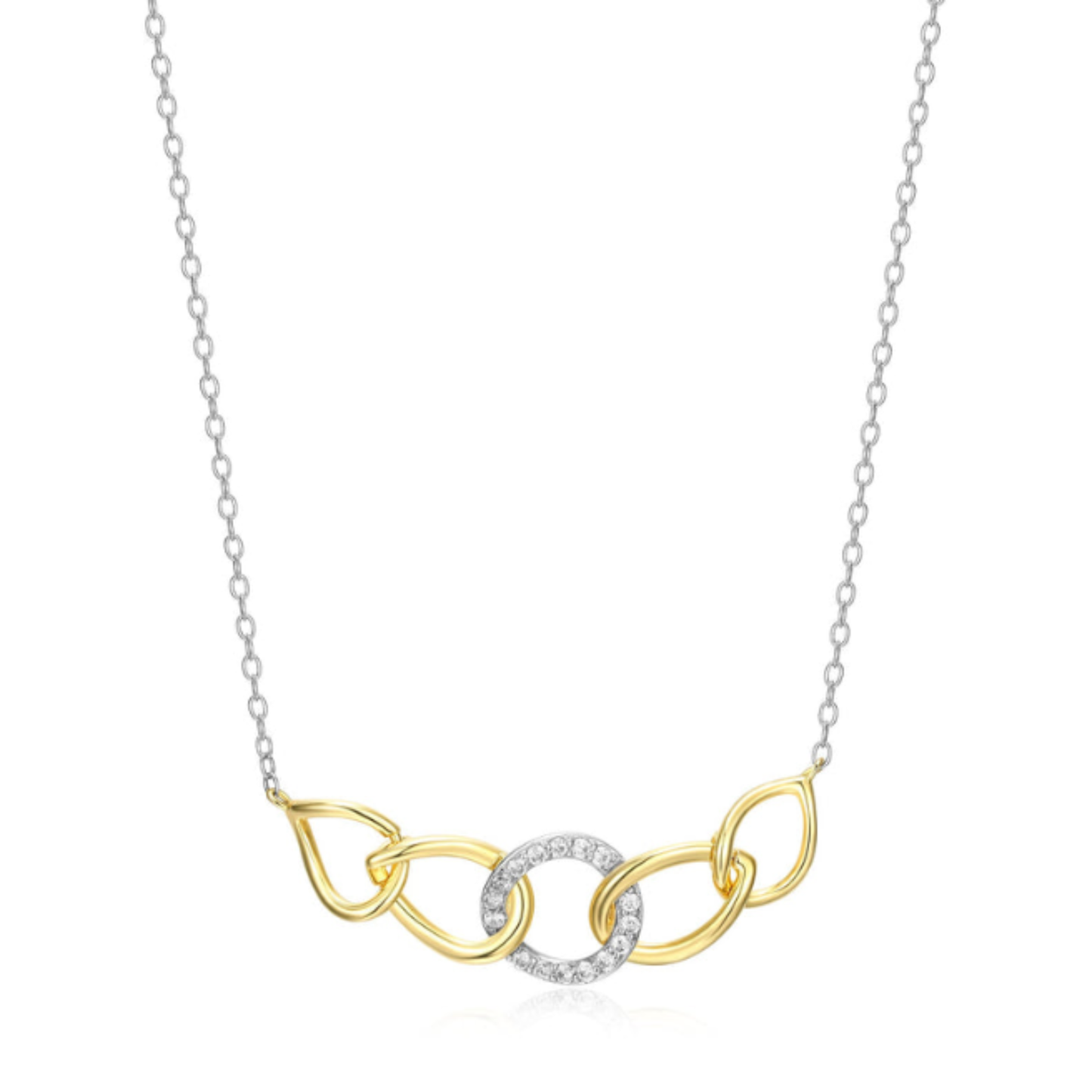 Two Tone Sterling Silver Oval Link Pendant with Cubic Zirconias