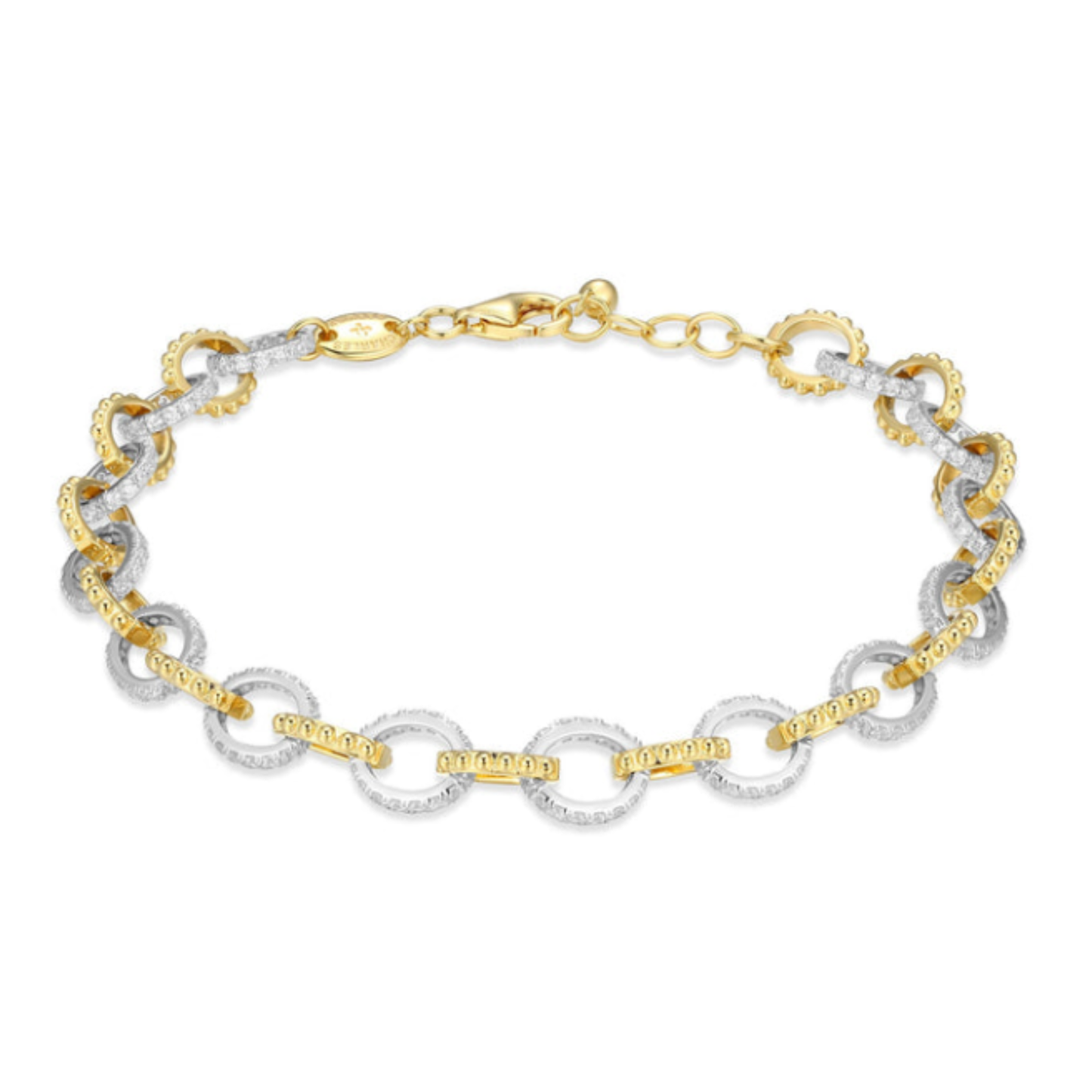 Two Tone Sterling Silver Rhodium/Gold Plated CZ Circle Link Bracelet