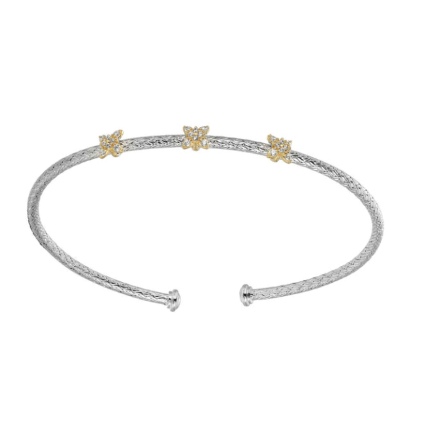 Two Tone Sterling Silver Rhodium/Gold Plated CZ Flower Cuff Bracelet