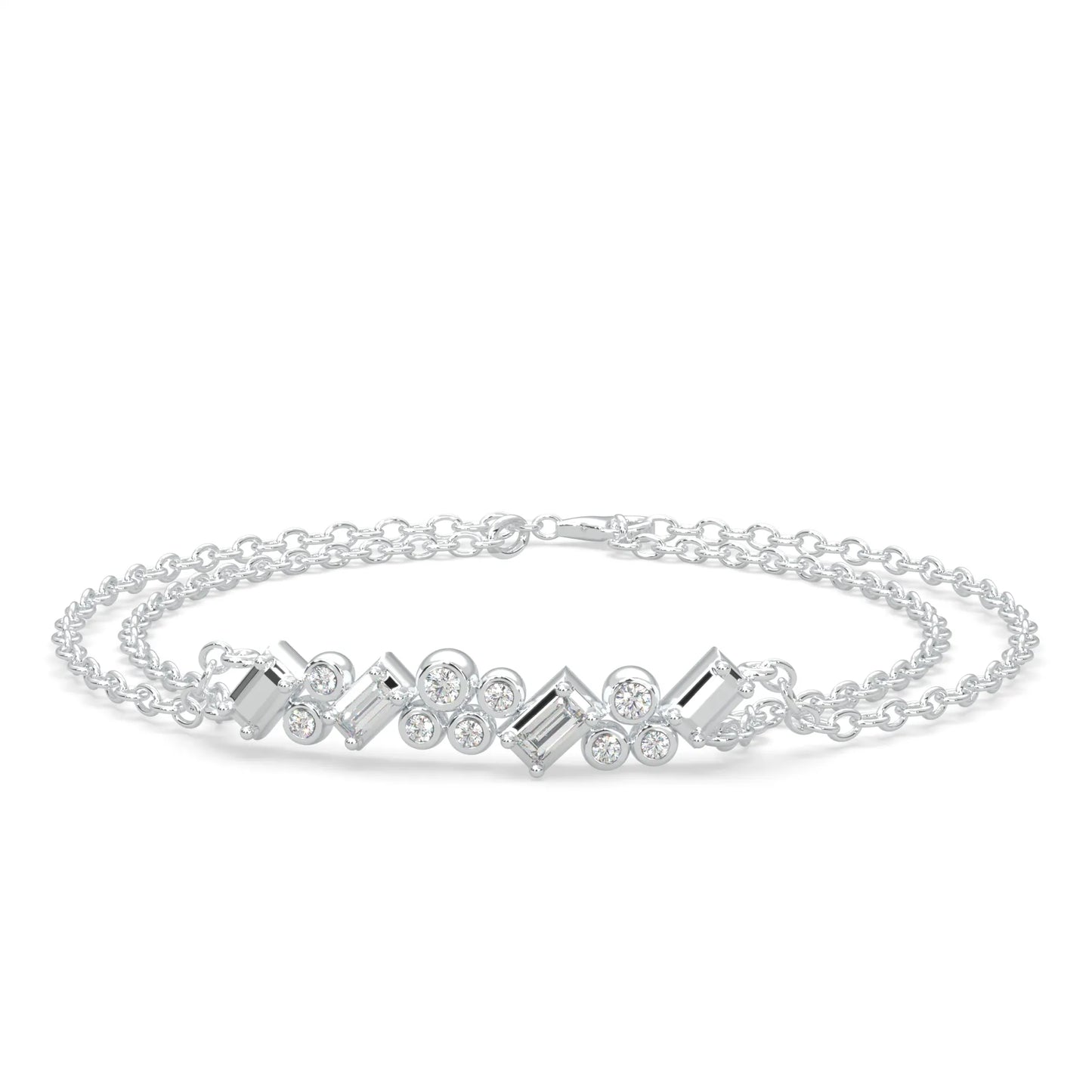 White modern bracelet with double chain design and diamond freeform detail.