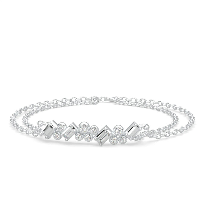 White modern bracelet with double chain design and diamond freeform detail.