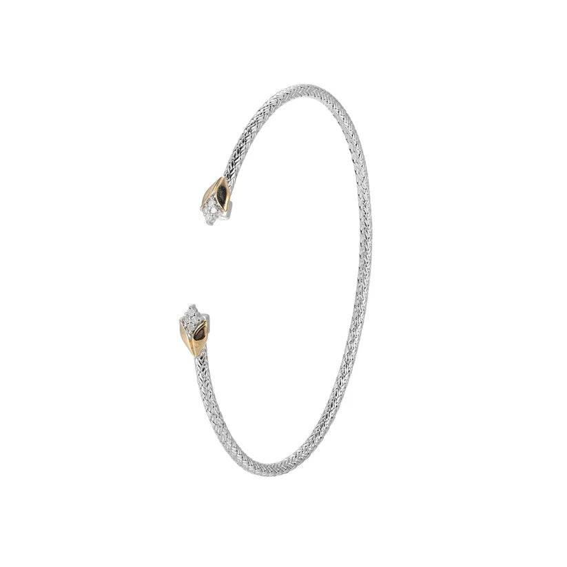 Two Tone Sterling Silver Mesh Cuff Bracelet with Round Diamonds