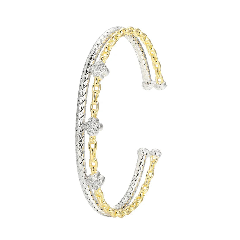 Two Tone Sterling Silver Two Row Cuff Bracelet with Cubic Zirconias