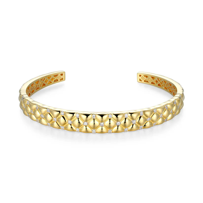 Sterling Silver Gold Plated Quilted Cuff Bracelet with Cubic Zirconias