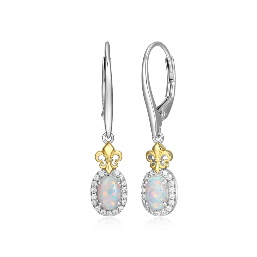 Two Tone Sterling Silver Halo Drop Earrings with Opal and Cubic Zirconias