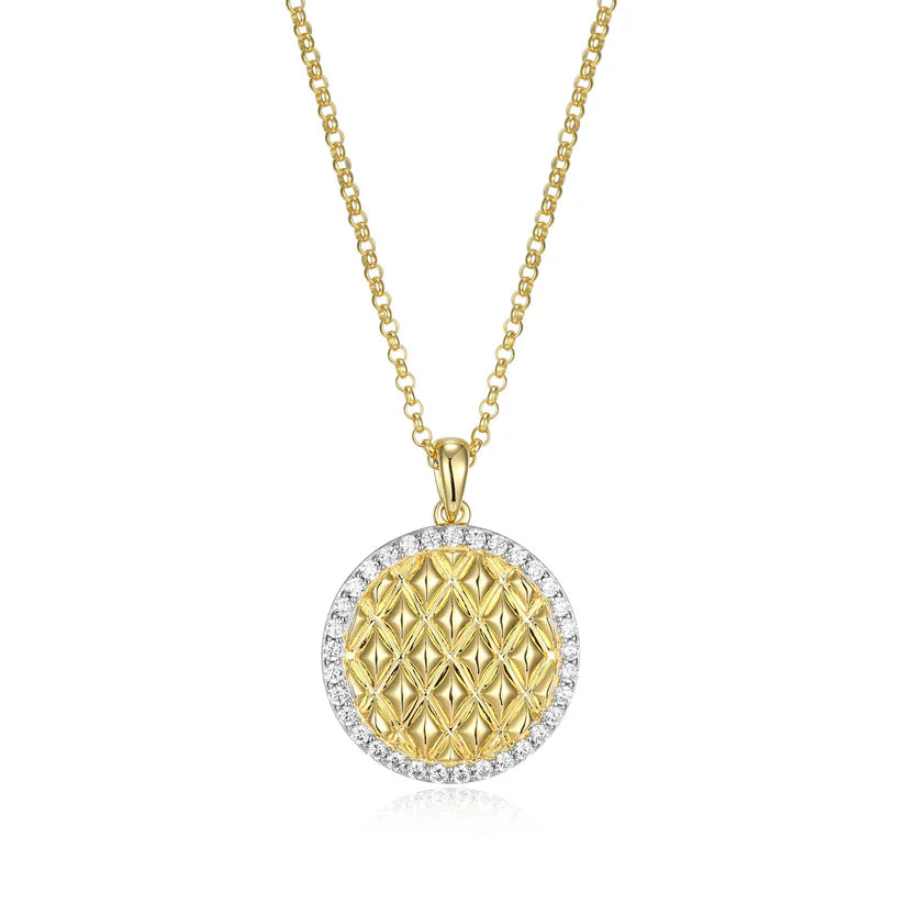 Sterling SIlver Gold Plated Quilted Medallion Pendant with Cubic Zirconias