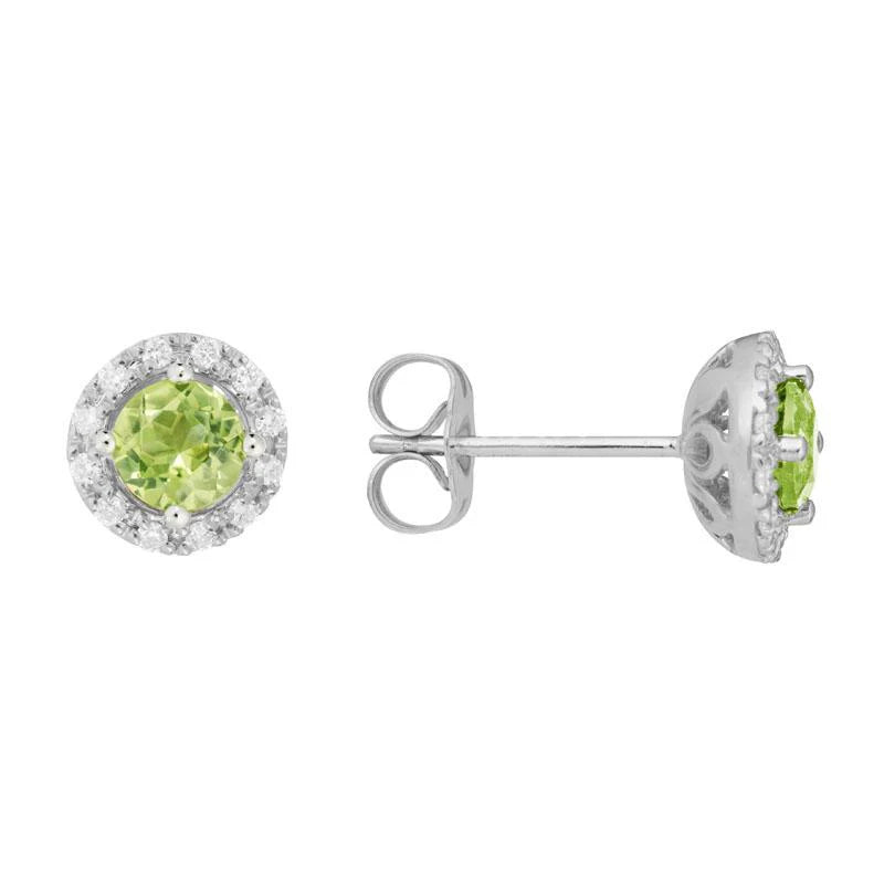 14K White Gold Diamond Halo Stud Earrings With Peridot