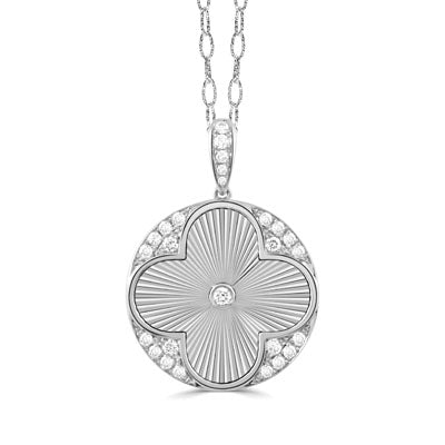 18 Karat White Gold Carved Quatrefoil Pendant with Diamonds