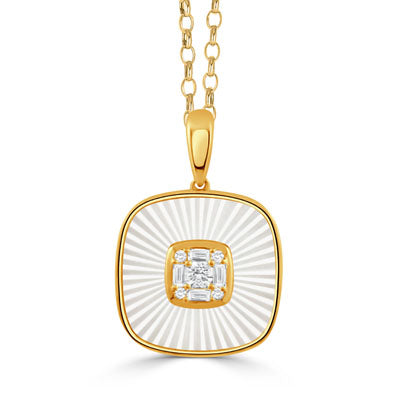 18 Karat Yellow Gold Square Mother of Pearl and Diamond Pendant