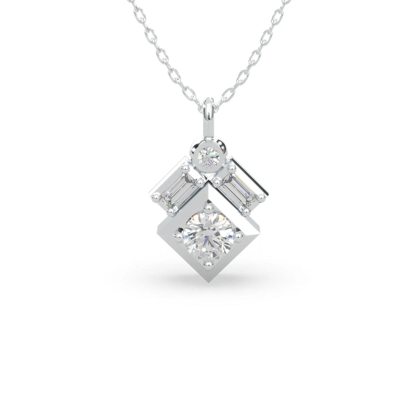 White modern electrum diamond pendant with freeform dangle.