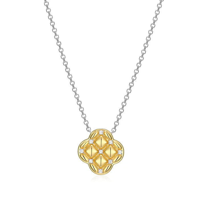 Two Tone Sterling Silver Rhodium/Gold Plated Quilted Quatrefoil Necklace with CZs