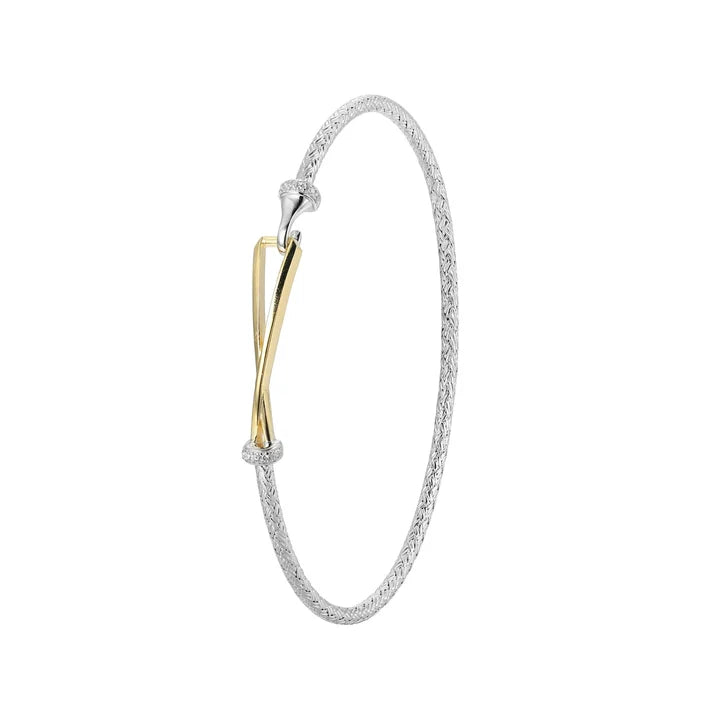 Two Tone Sterling Silver Rhodium/Gold Plated Mesh Bangle with CZs Bracelet