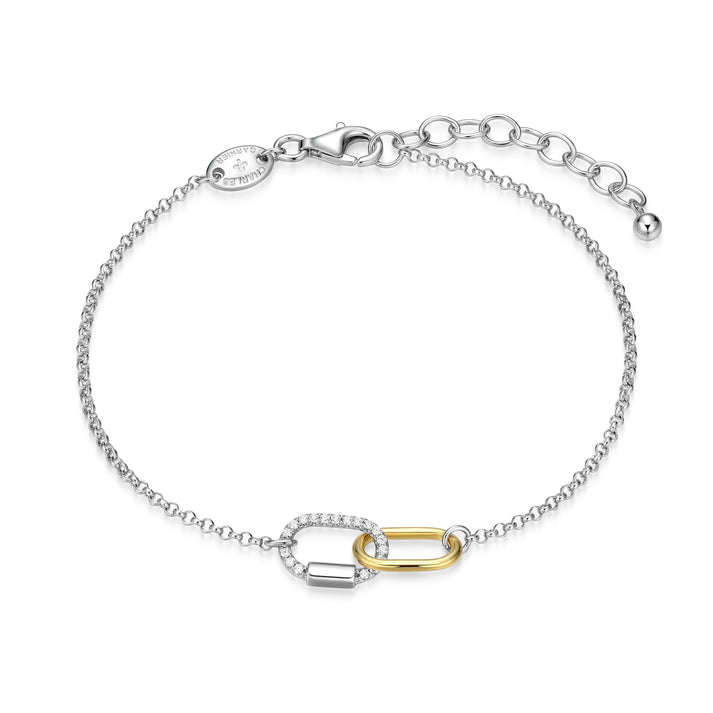 Two Tone Sterling Silver Rhodium/Gold Plated Interlocking Link With CZs Bracelet