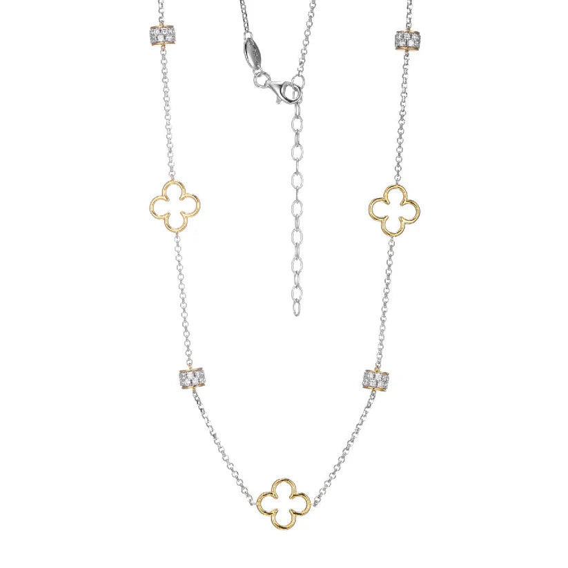 Two Tone Sterling Silver Clover Rondelles Necklace with Cubic Zirconias