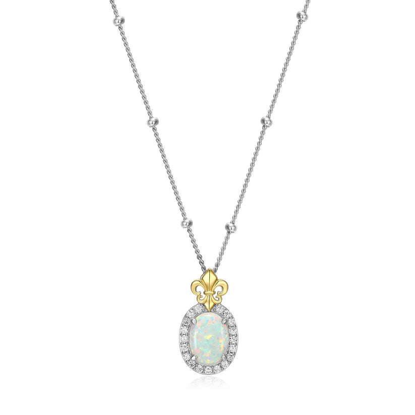 Two Tone Sterling Silver Lab Created Opal and Cubic Zirconia Necklace