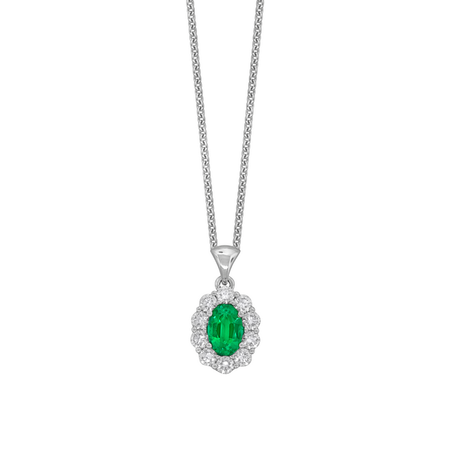 White 18K Emerald Diamond Halo Pendant by Spark Creations