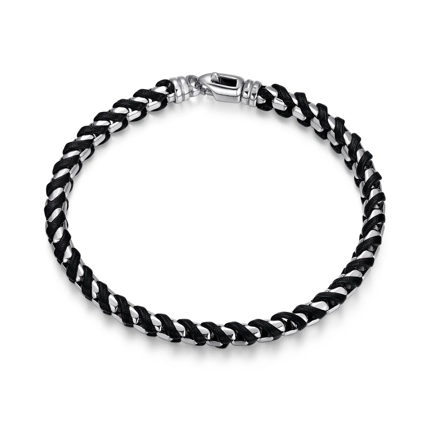 Sterling Silver Round Box Link with Black Leather Bracelet