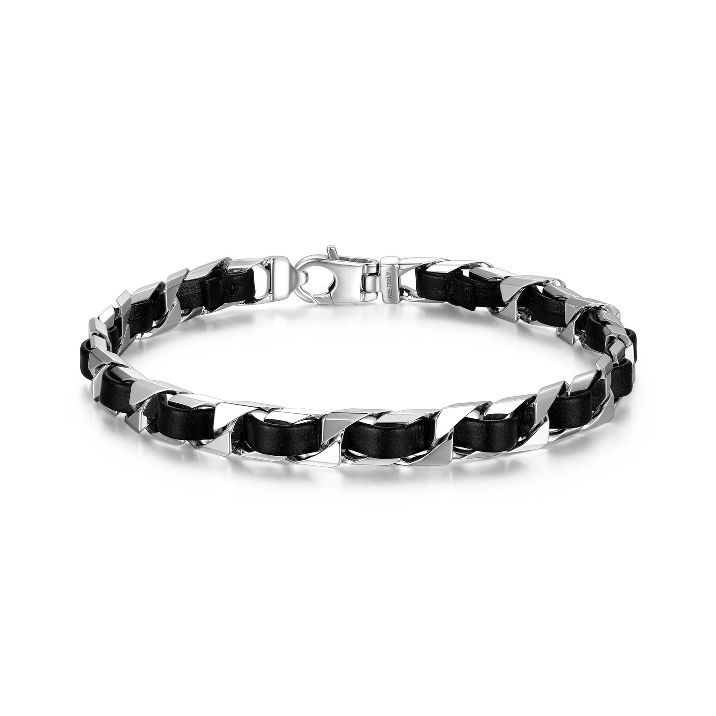 Sterling Silver Curb Chain with Black Leather Bracelet