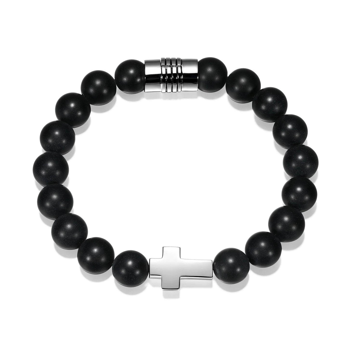 Sterling Silver Beaded 8mm Black Agate with Cross Bracelet