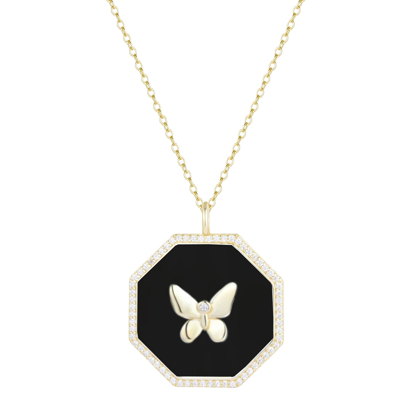 Yellow Sterling Silver Gold Plated Octagon Black Enamel and Crystal Butterfly Pendant