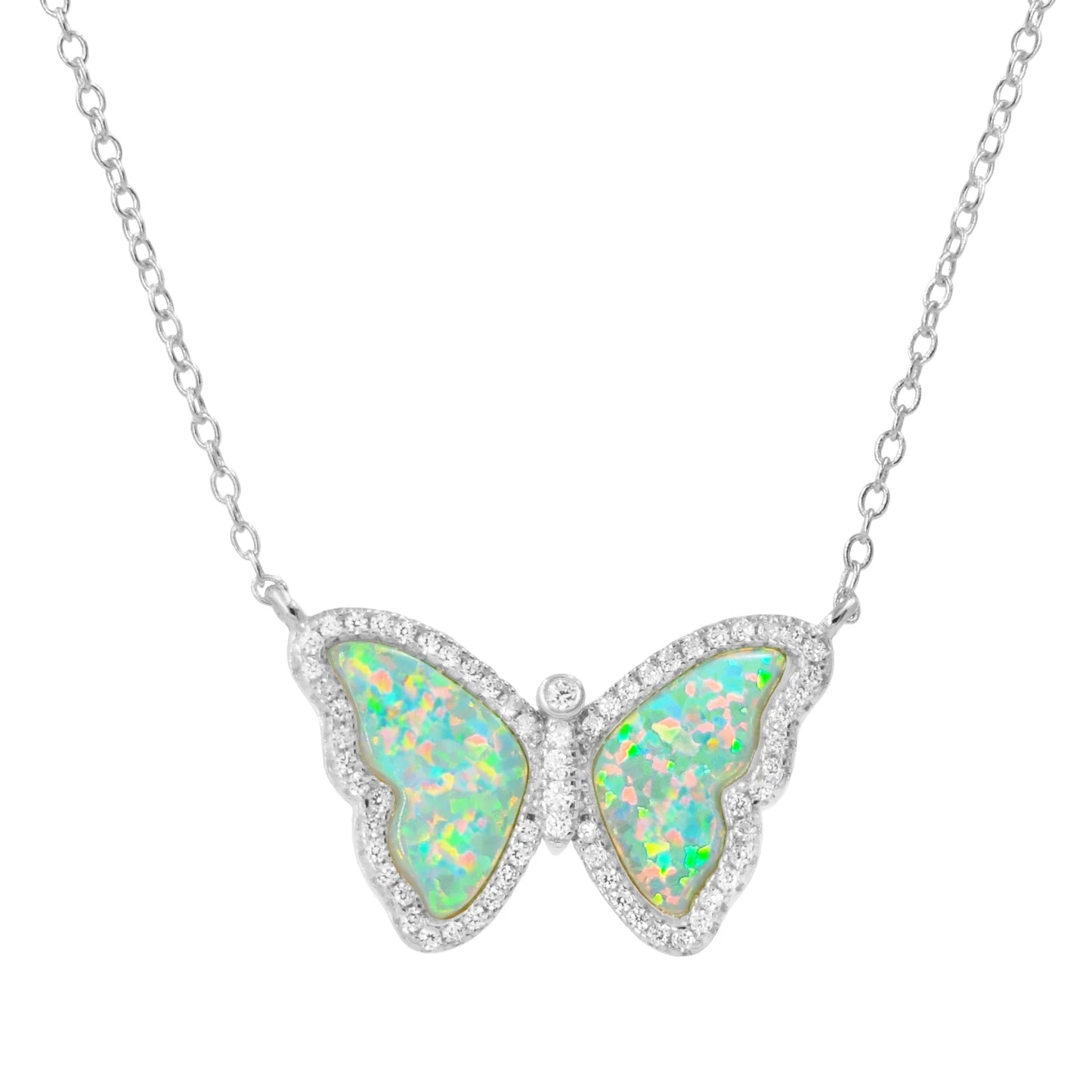 Sterling Silver Rhodium Plated Lab Created Opal/Crystal Butterfly Necklace