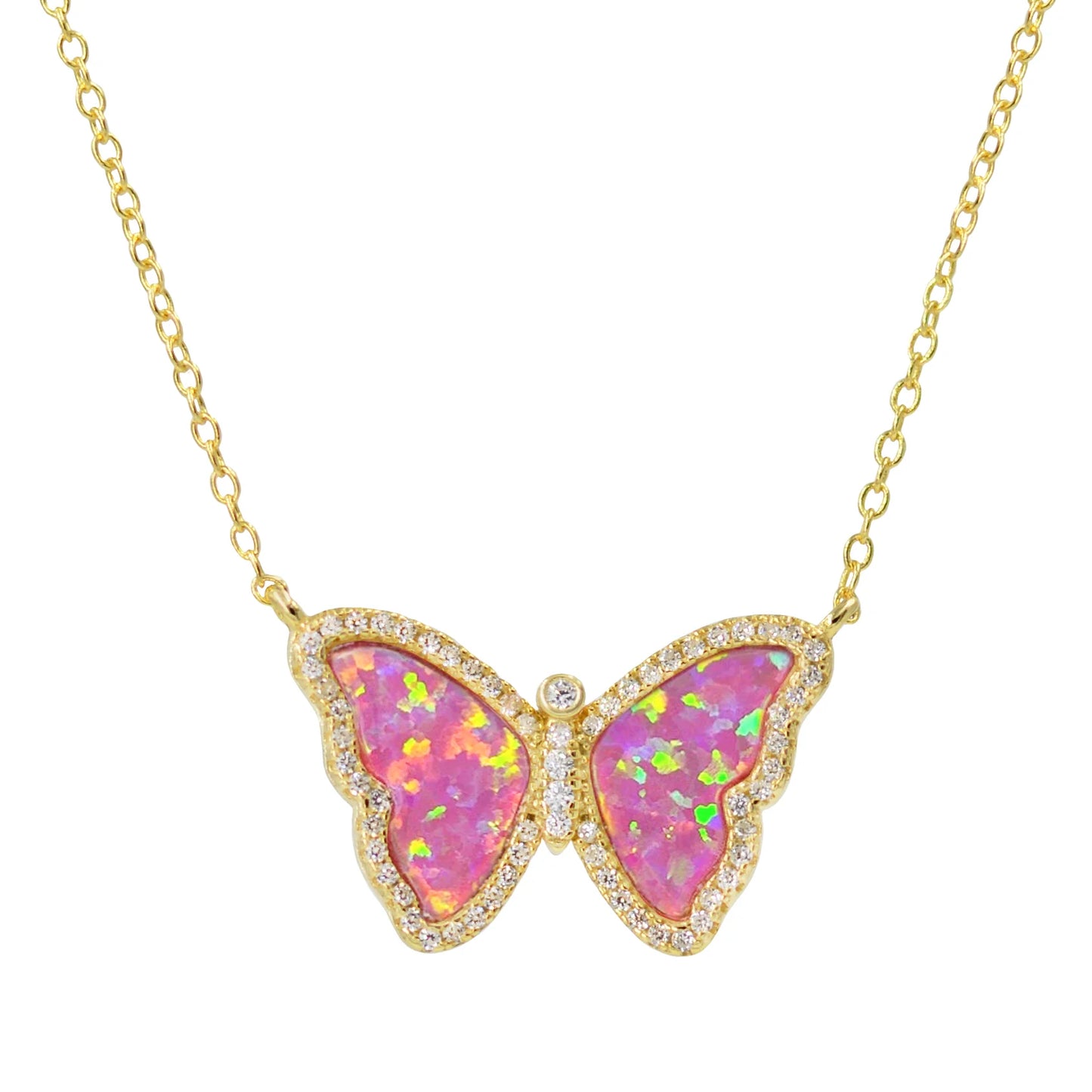 Yellow Sterling Silver Gold Plated Stationary Lab Created Opal/Crystal Butterfly Necklace
