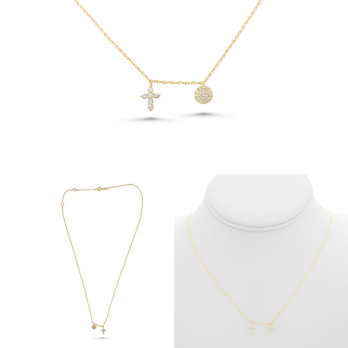 14K Gold Diamond Cross And Disc Necklace