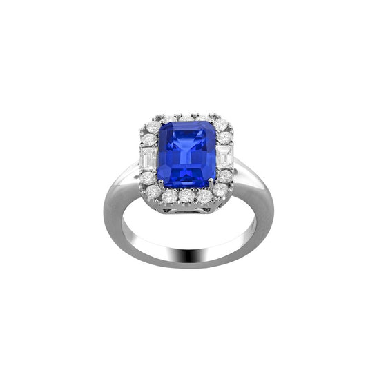 Spark Creations Lady's White 18 Karat Emerald Cut Tanzanite and Diamond Ring - One Of A Kind