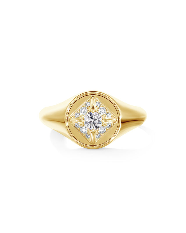 Yellow 18K diamond circle signet ring with Forevermark logo.
