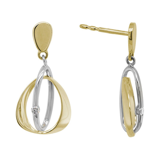 Lady's Two Tone 14 Karat Diamond Open Oval/Abstract Triangle Dangle Earrings