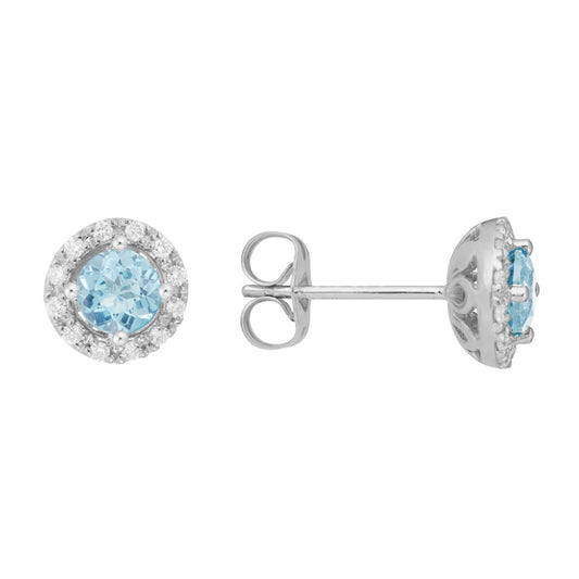 Lady's White 14 Karat Aquamarine & Diamond Halo Earrings