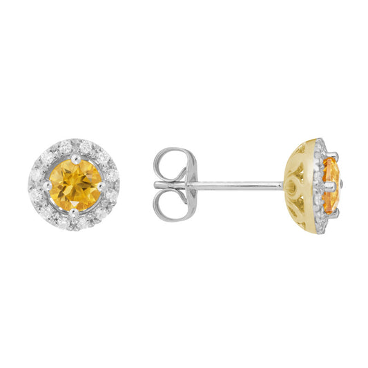 Lady's Yellow 14 Karat Citrine & Diamond Halo Stud Earrings