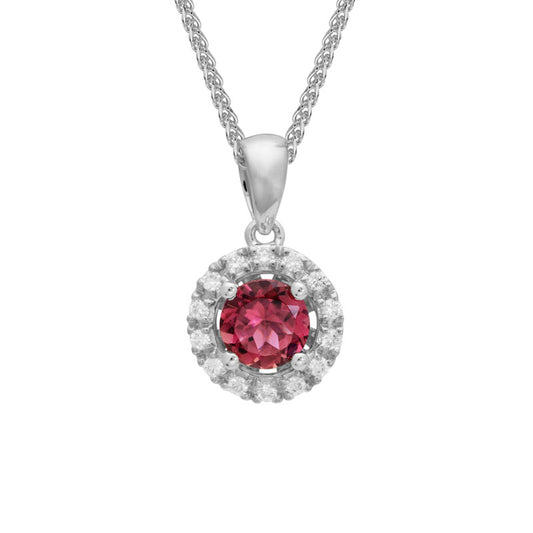 Lady's White 14 Karat Pink Tourmaline & Diamond Halo Necklace