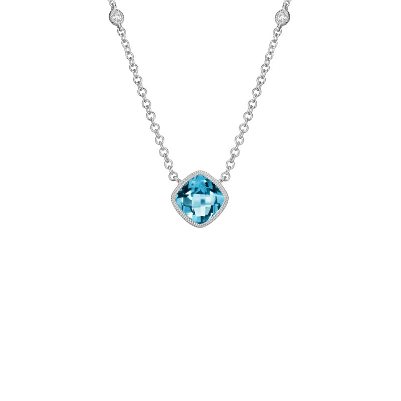 Lady's White 14 Karat Blue Topaz & Diamond Stationary Pendant