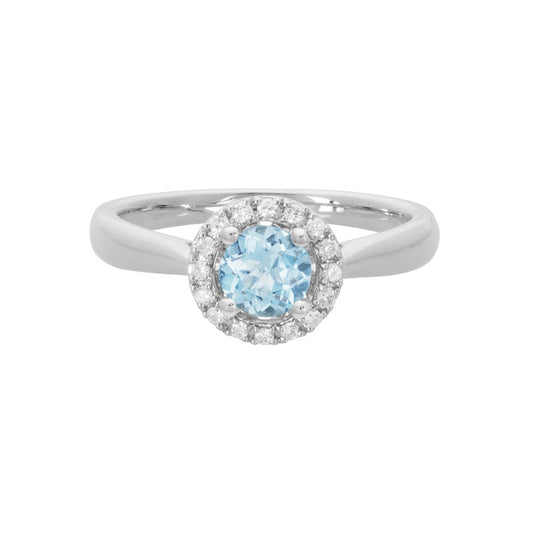 Lady's White 14 Karat Aquamarine Diamond Halo Fashion Ring