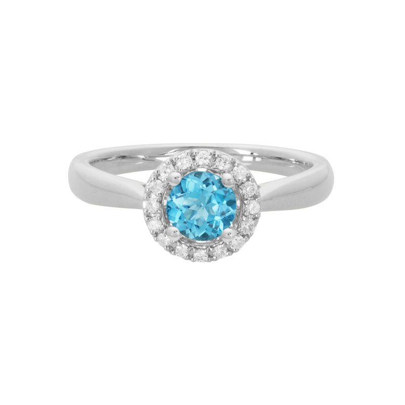 Lady's White 14 Karat Swiss Blue Topaz Diamond Halo Fashion Ring