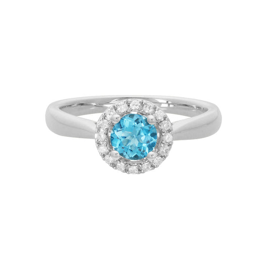 Lady's White 14 Karat Swiss Blue Topaz Diamond Halo Fashion Ring
