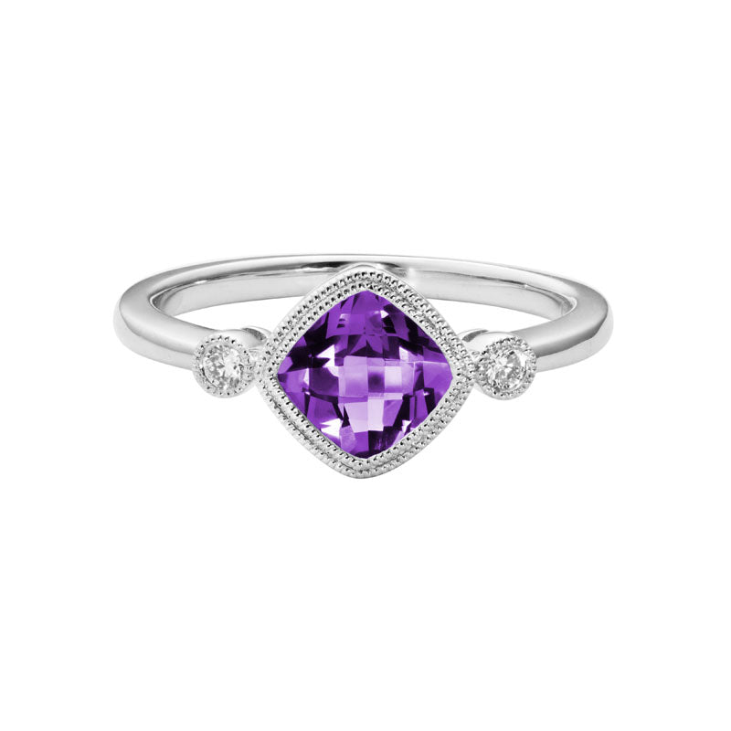 Lady's White 14 Karat Amethyst & Diamond 3 Stone Fashion Ring