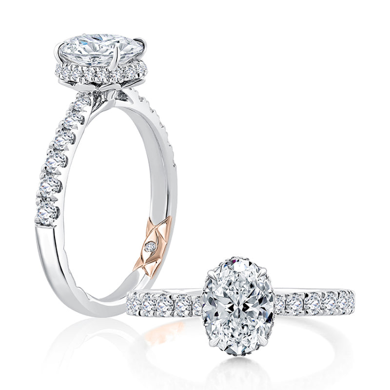 A. Jaffe Oval Cut Shared Prong Diamond Engagement Ring with Hidden Halo