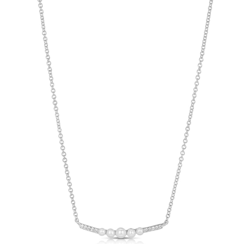 MK Luxury Lady's White 14 Karat Diamond & Pearl Curved Bar Necklace